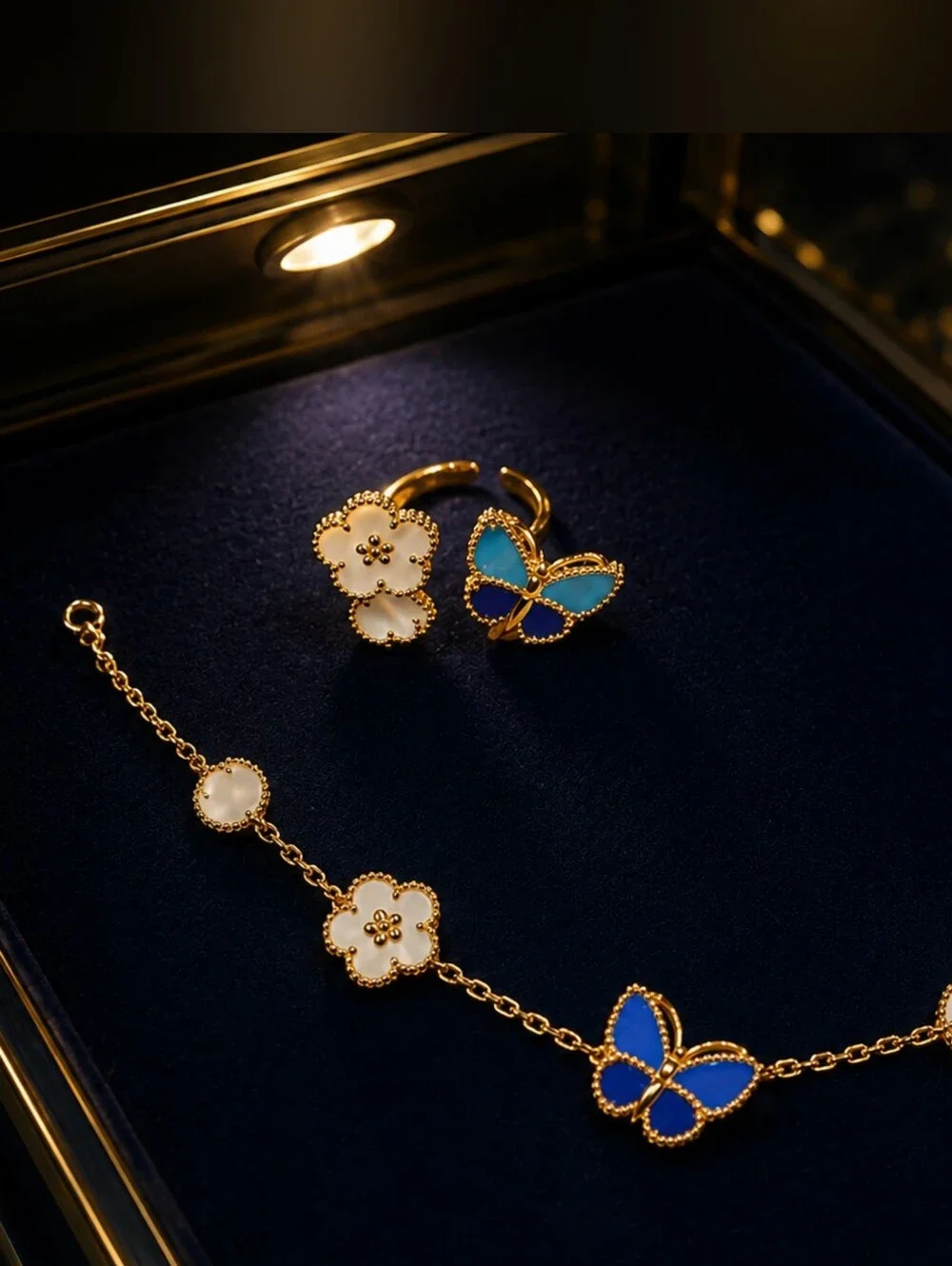 Gold-Plated Blue Butterfly & White Flower Bracelet and Ring Set